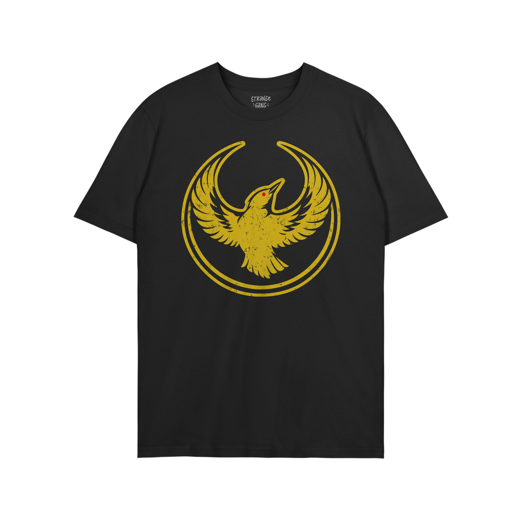 Oregon Rebel Alliance T-shirt featuring a distressed golden-yellow phoenix-like bird with red eye and circular border on the 
