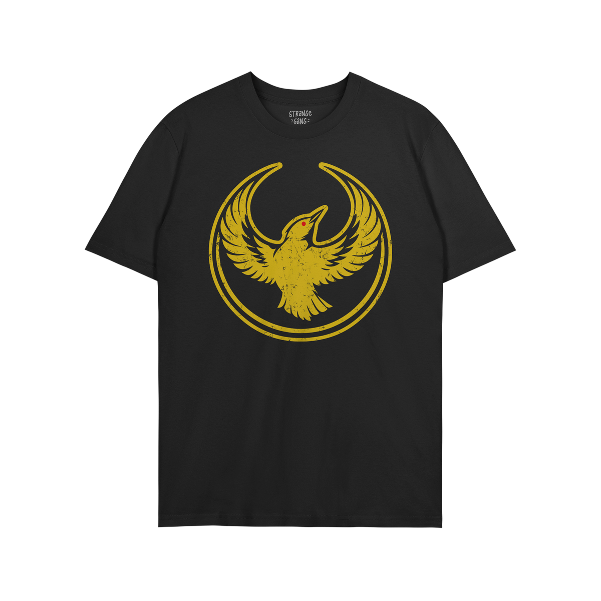 Oregon Rebel Alliance T-shirt featuring a distressed golden-yellow phoenix-like bird with red eye and circular border on the 
