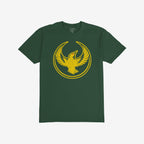 Forest-green Oregon Rebel Alliance T-shirt with a circular, distressed emblem featuring a stylized golden-yellow bird, highlighted eye, symbolizing protest and support for equality and immigrant rights.