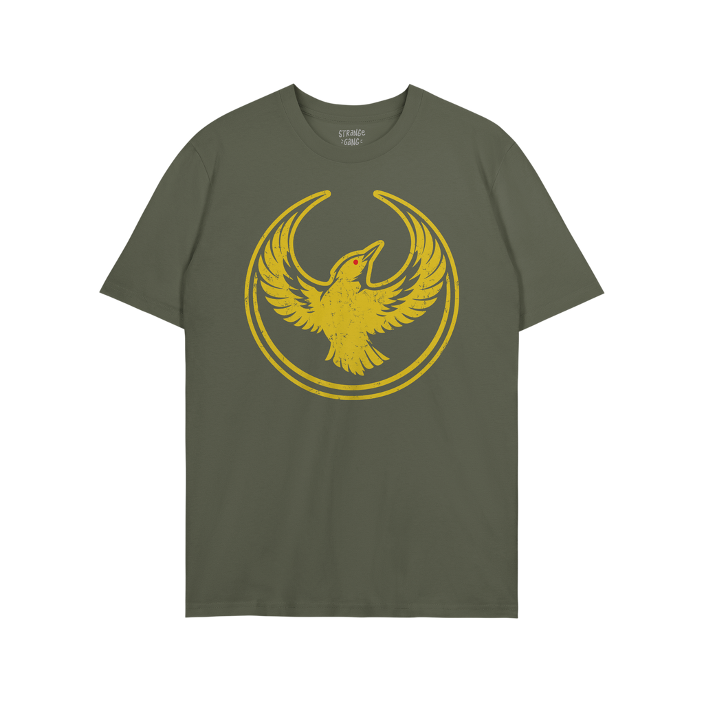 Forest-green Oregon Rebel Alliance T-shirt with a circular, distressed emblem featuring a stylized golden-yellow bird, highli