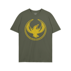 Forest-green Oregon Rebel Alliance T-shirt with a circular, distressed emblem featuring a stylized golden-yellow bird, highli