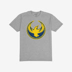 Oregon Rebel Alliance T-shirt featuring a stylized yellow bird emblem with raised wings against a blue circle. Ideal for anti-fascist supporters and immigrant rights advocates, reflecting values and activism.