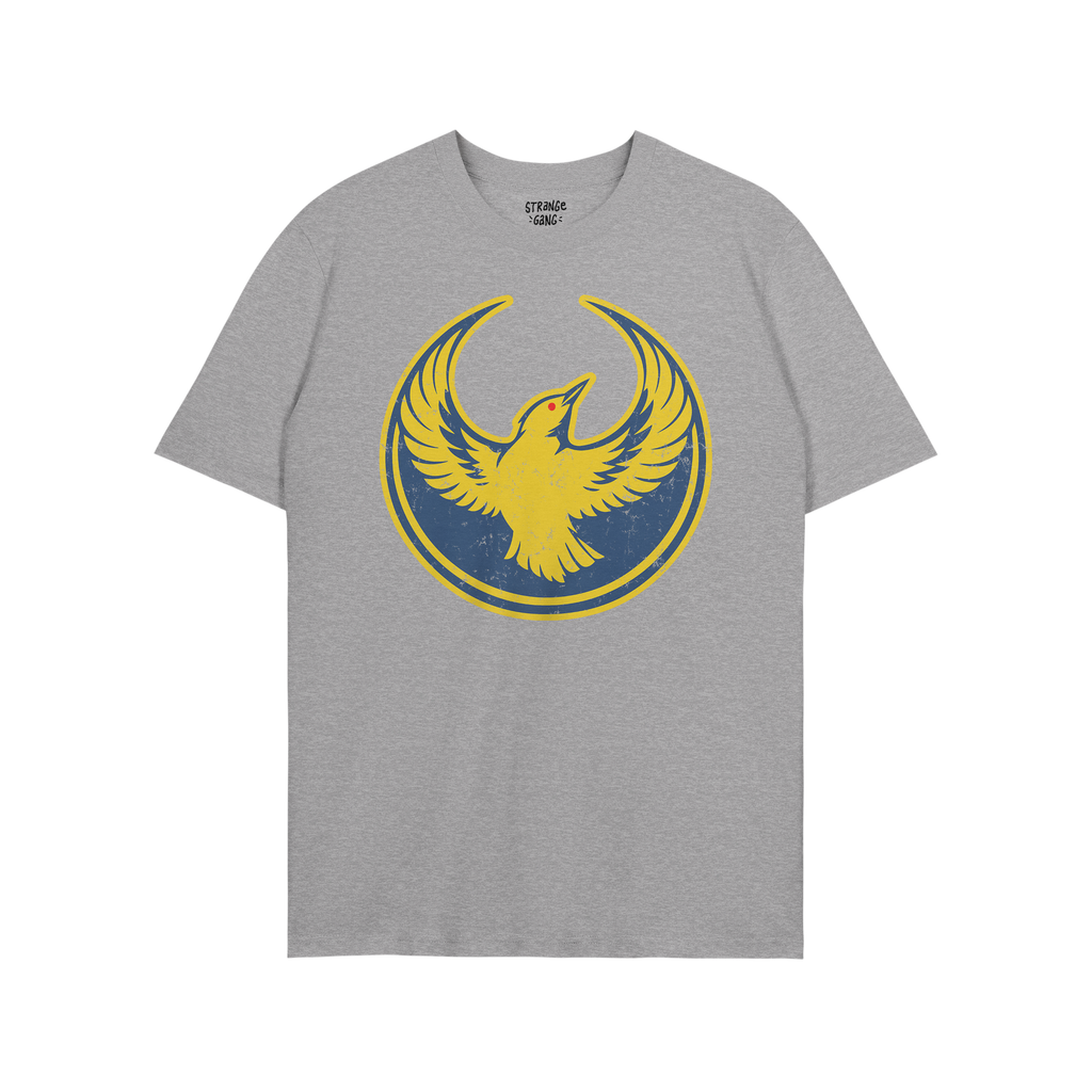 Oregon Rebel Alliance T-shirt featuring a stylized yellow bird emblem with raised wings against a blue circle. Ideal for anti