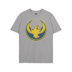 Oregon Rebel Alliance T-shirt featuring a stylized yellow bird emblem with raised wings against a blue circle. Ideal for anti