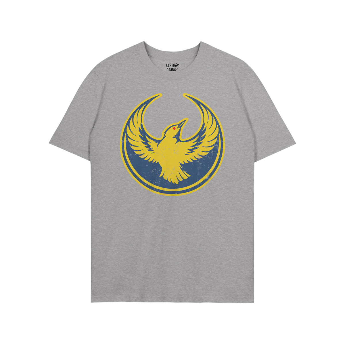 Oregon Rebel Alliance T-shirt featuring a stylized yellow bird emblem with raised wings against a blue circle. Ideal for anti