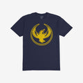 Oregon Rebel Alliance T-shirt featuring a distressed golden-yellow phoenix-like bird graphic on navy-blue fabric, symbolizing resistance and unity.