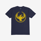 Oregon Rebel Alliance T-shirt featuring a distressed golden-yellow phoenix-like bird graphic on navy-blue fabric, symbolizing resistance and unity.
