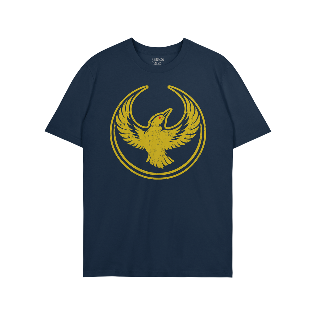 Oregon Rebel Alliance T-shirt featuring a distressed golden-yellow phoenix-like bird graphic on navy-blue fabric, symbolizing