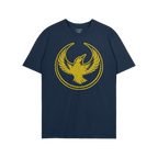 Oregon Rebel Alliance T-shirt featuring a distressed golden-yellow phoenix-like bird graphic on navy-blue fabric, symbolizing