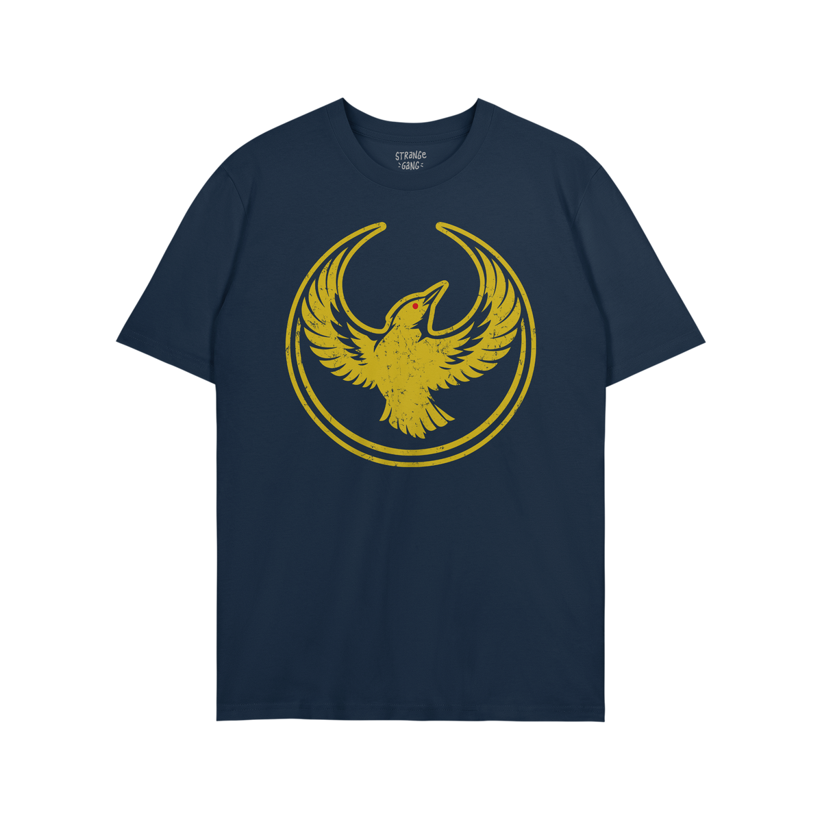 Oregon Rebel Alliance T-shirt featuring a distressed golden-yellow phoenix-like bird graphic on navy-blue fabric, symbolizing