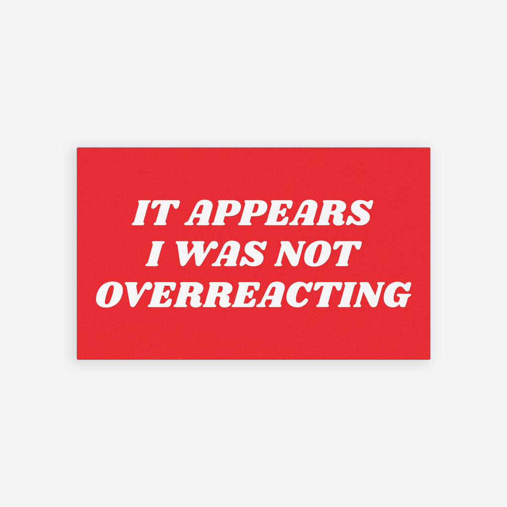 Overreacting Sticker & Magnet design shows a red rectangle with bold text, against a backdrop of masked protestors behind caution tape, emphasizing resistance. A callout highlights the choice between magnet or sticker.