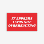 Overreacting Sticker & Magnet design shows a red rectangle with bold text, against a backdrop of masked protestors behind caution tape, emphasizing resistance. A callout highlights the choice between magnet or sticker.