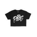 Paris Handstyle Women's Baby Tee features a bold white graffiti PARIS with a halo above the A on a black T-shirt, embodying e