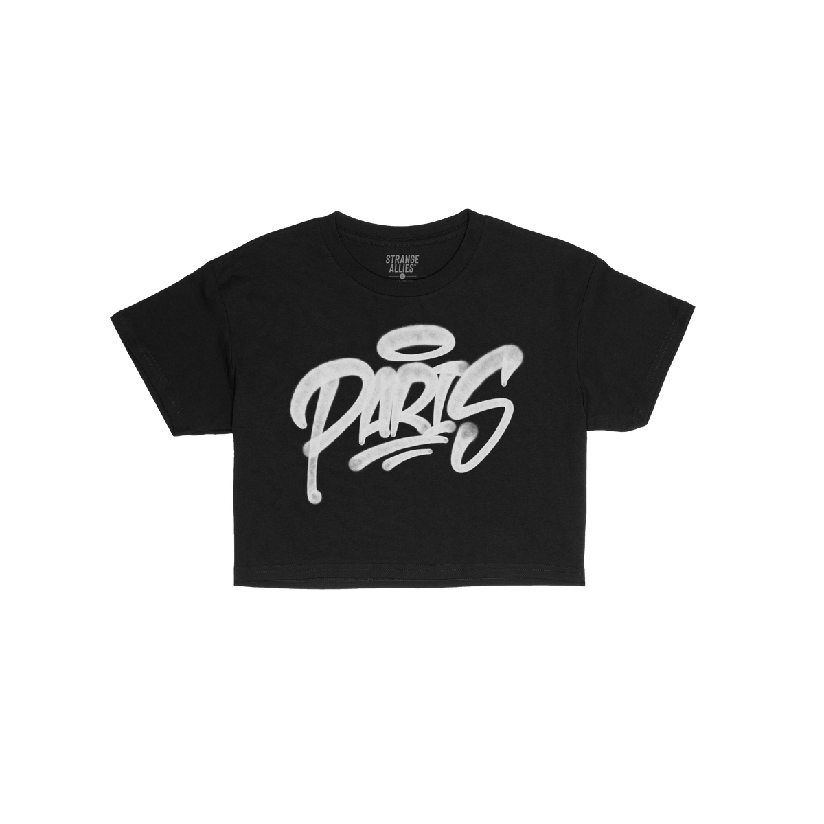 Paris Handstyle Women's Baby Tee features a bold white graffiti PARIS with a halo above the A on a black T-shirt, embodying e