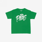 Paris Handstyle Women's Baby Tee features a bold, graffiti-style “PARIS” with a halo over the “P” on a green T-shirt, embodying a vibrant, rebellious spirit.