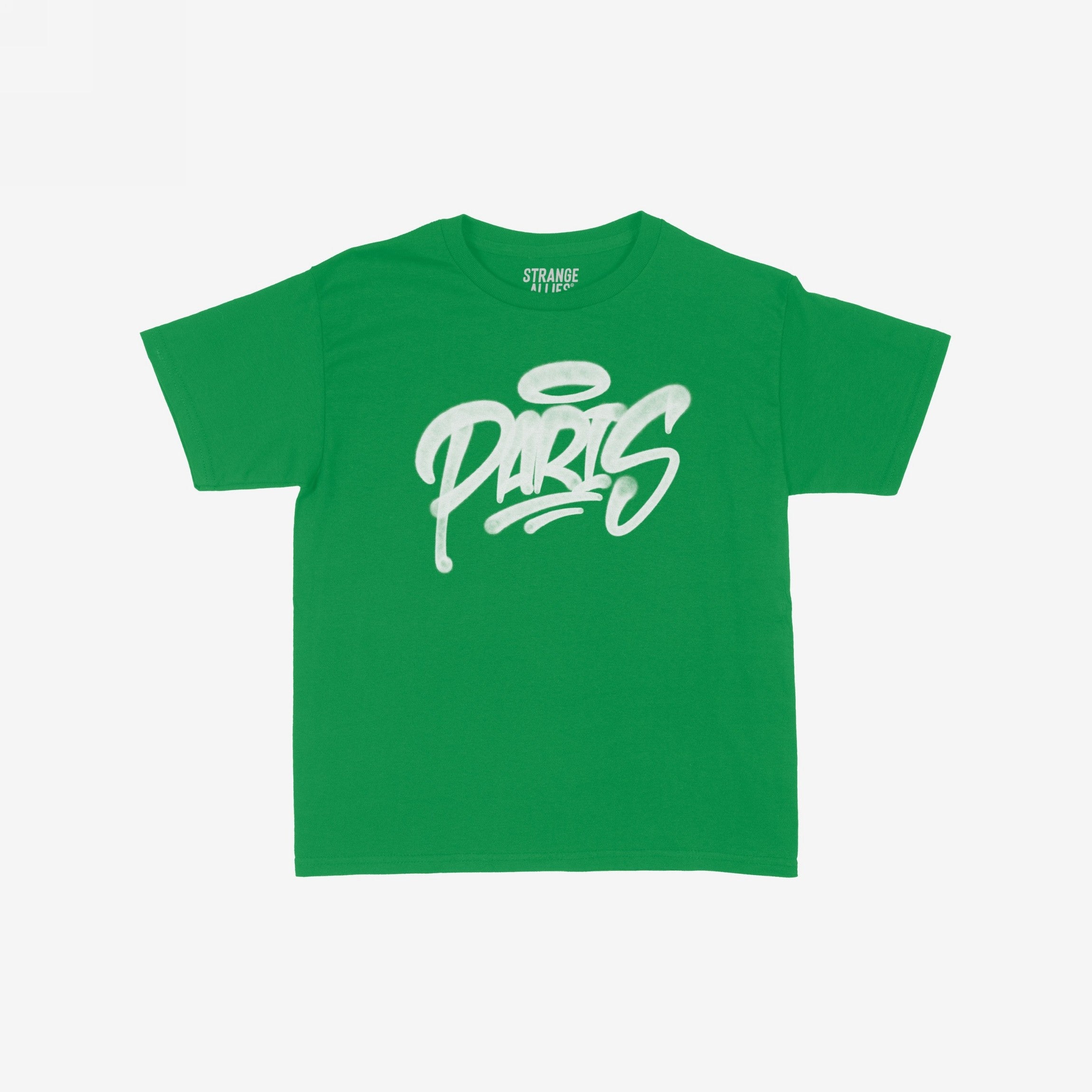 Paris Handstyle Women's Baby Tee features a bold, graffiti-style “PARIS” with a halo over the “P” on a green T-shirt, embodying a vibrant, rebellious spirit.