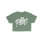 Paris Handstyle Women's Baby Tee features a bold, graffiti-style “PARIS” with a halo over the “P” on a green T-shirt,