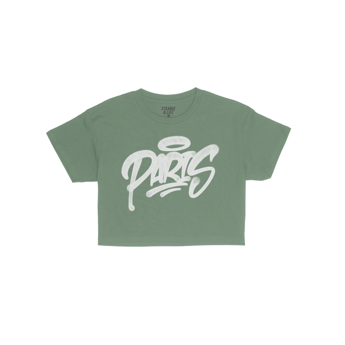 Paris Handstyle Women's Baby Tee features a bold, graffiti-style “PARIS” with a halo over the “P” on a green T-shirt,