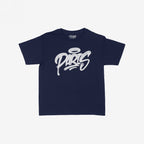 Paris Handstyle Women's Baby Tee in navy blue, featuring white graffiti-style PARIS with a halo graphic. Laid flat, it offers a versatile fit, embodying bold, unapologetic street style. Brand: STRANGE ALLIES.