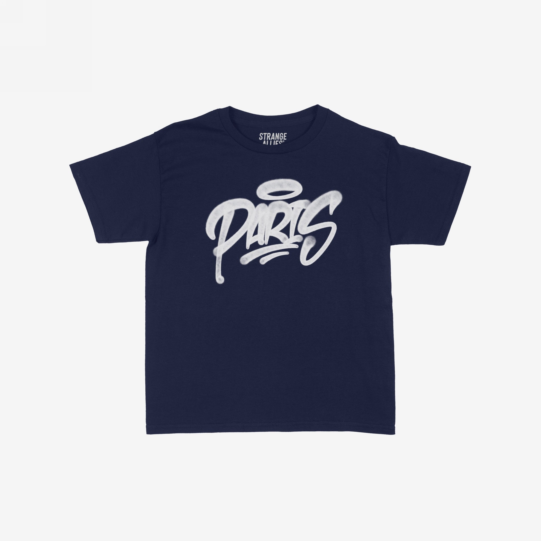 Paris Handstyle Women's Baby Tee in navy blue, featuring white graffiti-style PARIS with a halo graphic. Laid flat, it offers a versatile fit, embodying bold, unapologetic street style. Brand: STRANGE ALLIES.