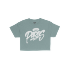 Paris Handstyle Women's Baby Tee in navy blue, featuring white graffiti-style PARIS with a halo graphic. Laid flat, it offers