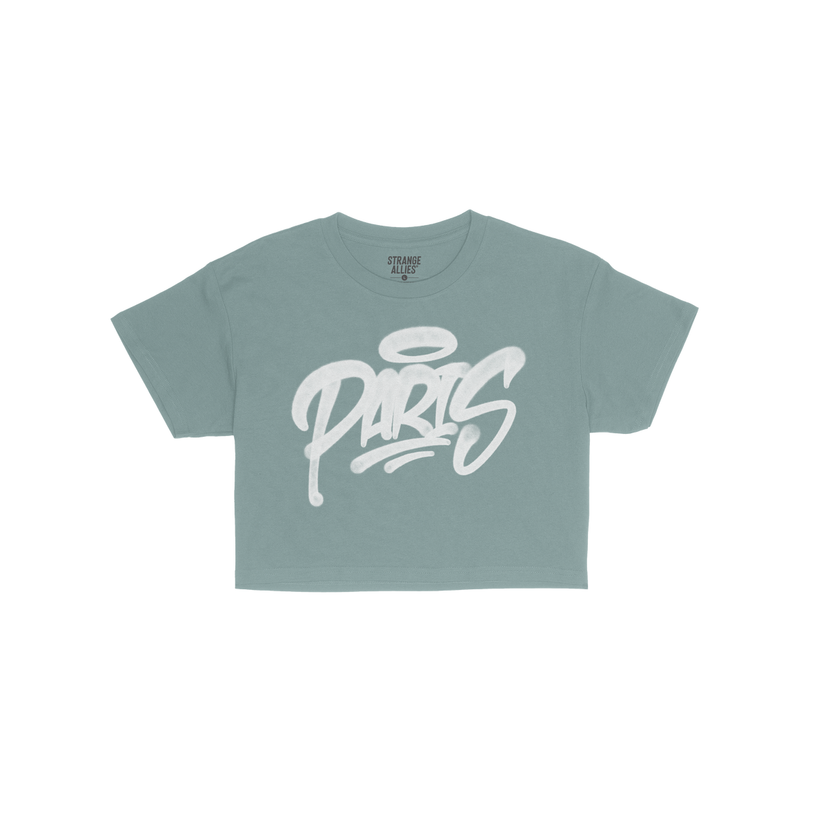 Paris Handstyle Women's Baby Tee in navy blue, featuring white graffiti-style PARIS with a halo graphic. Laid flat, it offers