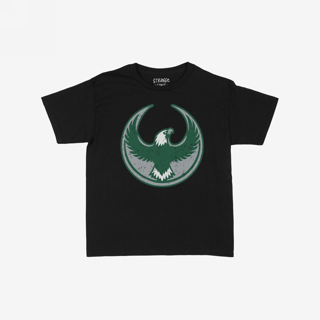 Philly Rebel Alliance Women's Baby Tee featuring a distressed green and white eagle emblem, symbolizing protest and solidarity, on a black short-sleeve shirt laid flat against a white background.