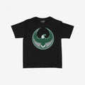 Philly Rebel Alliance Women's Baby Tee featuring a distressed green and white eagle emblem, symbolizing protest and solidarity, on a black short-sleeve shirt laid flat against a white background.