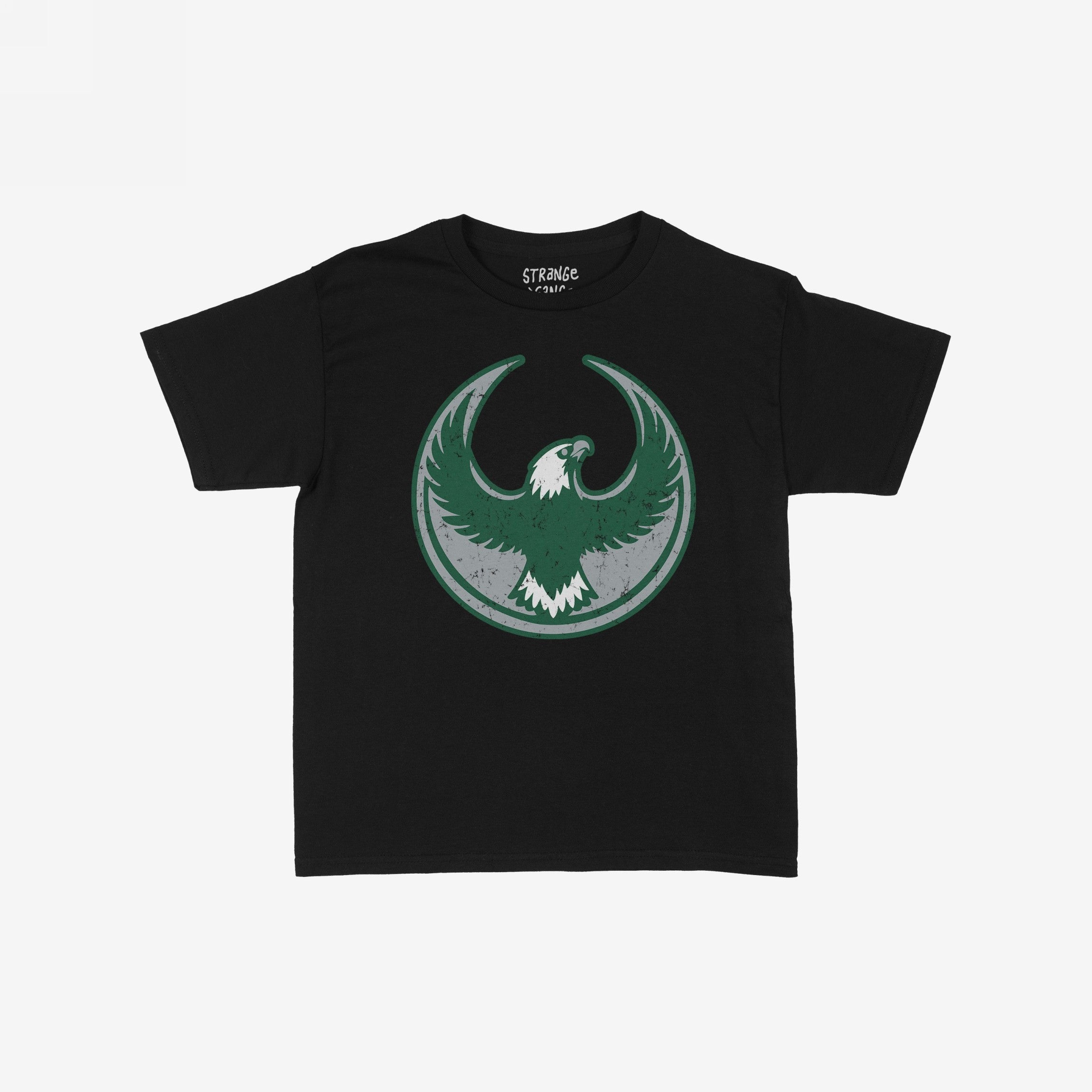 Philly Rebel Alliance Women's Baby Tee featuring a distressed green and white eagle emblem, symbolizing protest and solidarity, on a black short-sleeve shirt laid flat against a white background.