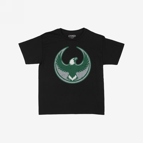 Philly Rebel Alliance Women's Baby Tee featuring a distressed green and white eagle emblem, symbolizing protest and solidarity, on a black short-sleeve shirt laid flat against a white background.