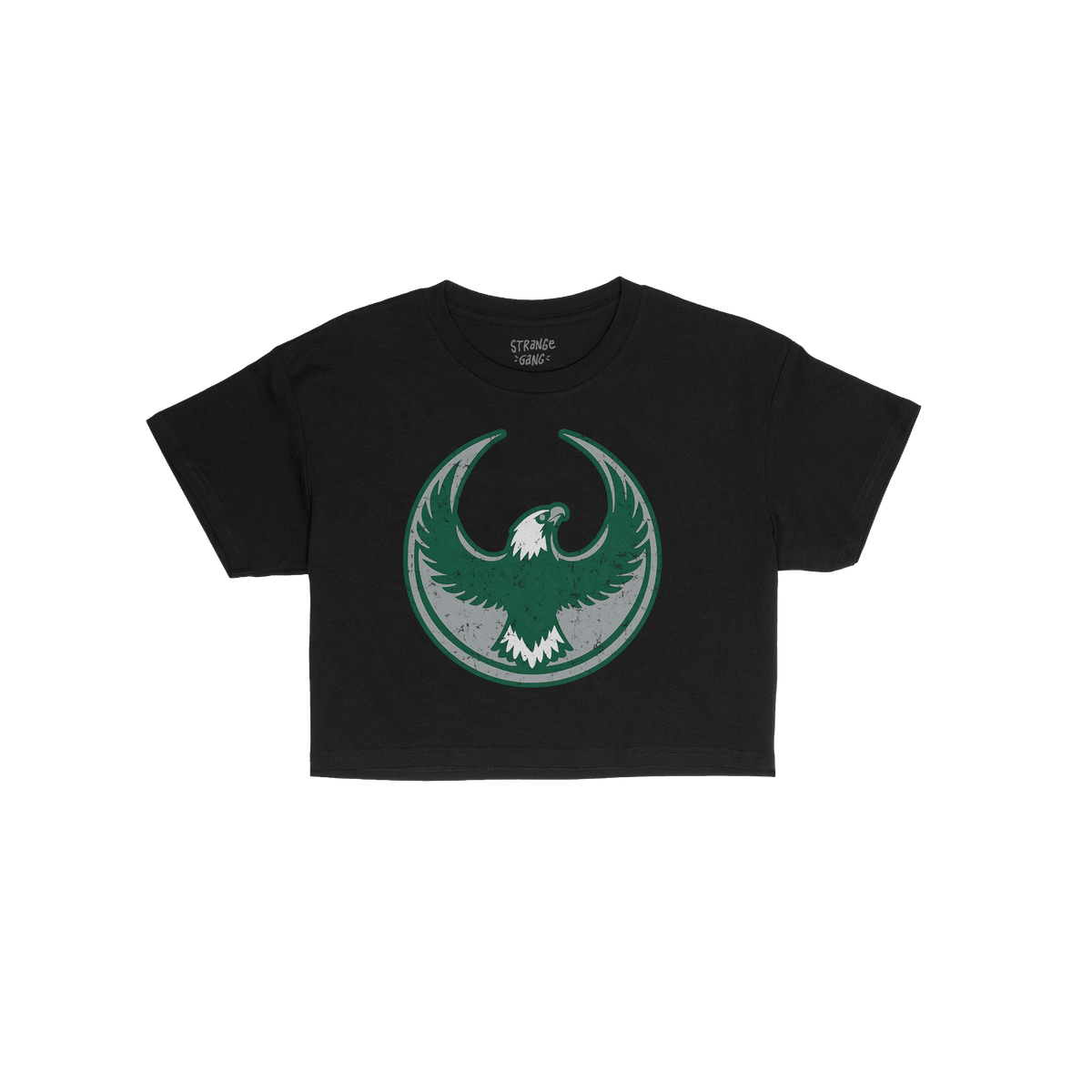 Philly Rebel Alliance Women's Baby Tee featuring a distressed green and white eagle emblem, symbolizing protest and solidarit