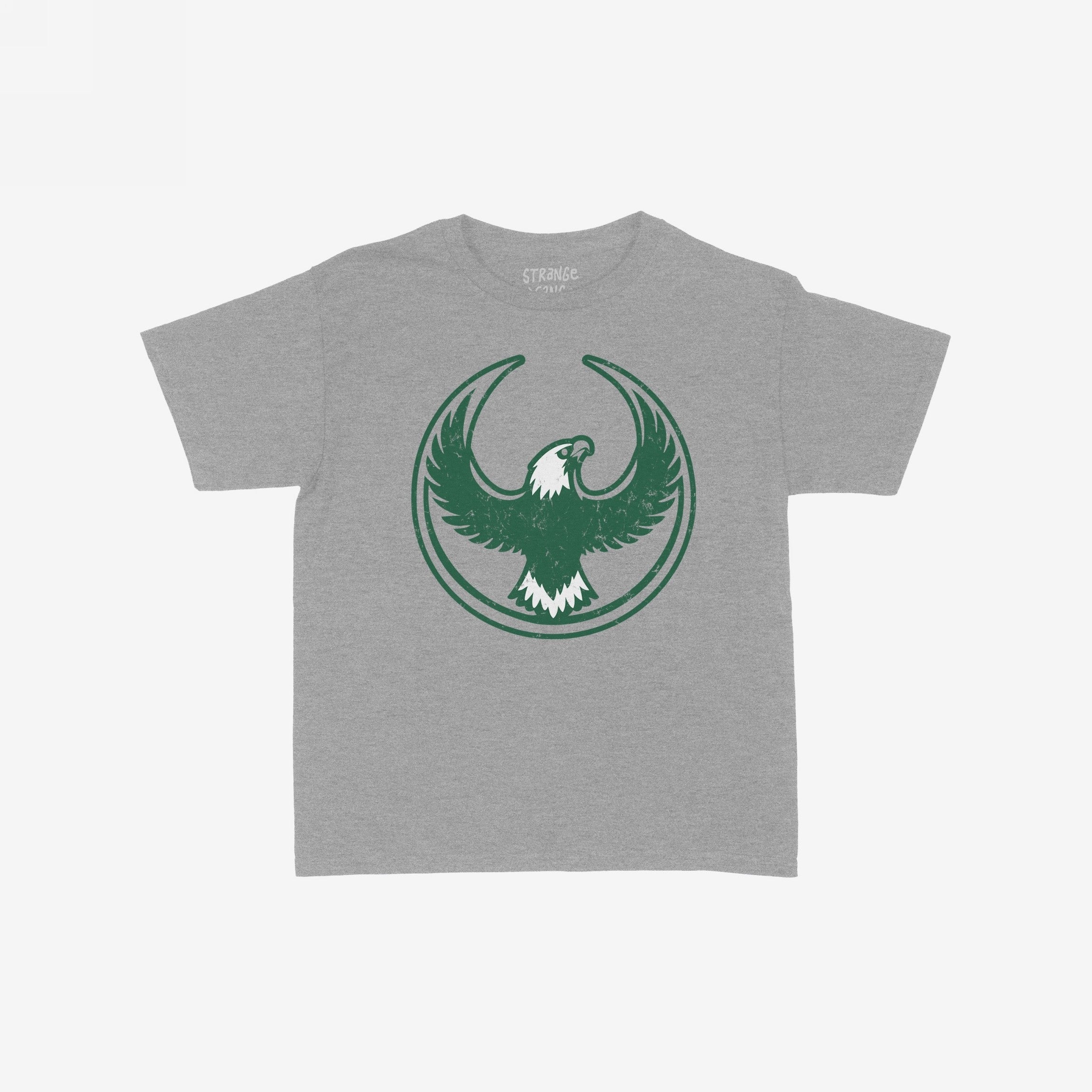 Philly Rebel Alliance Women's Baby Tee featuring a distressed green eagle graphic on grey, symbolizing protest and equality.