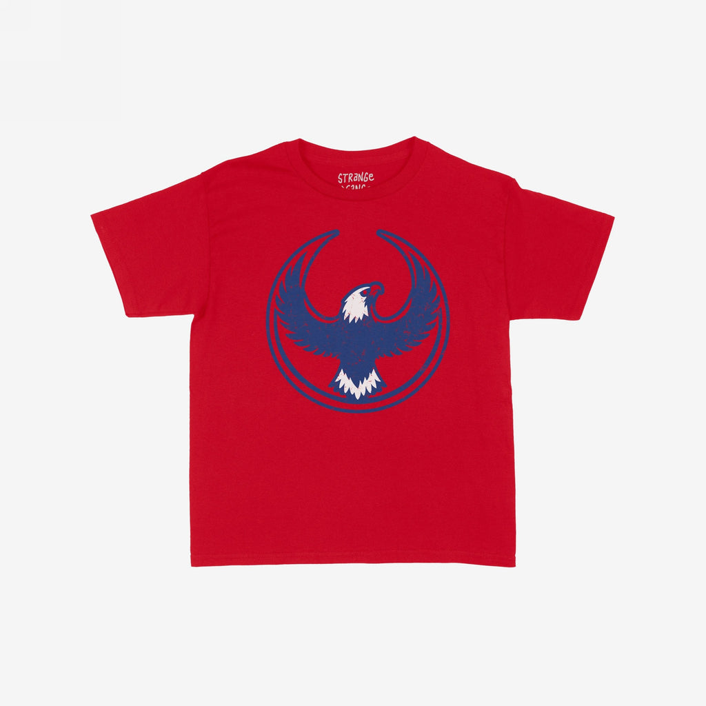 Philly Rebel Alliance Women's Baby Tee featuring a stylized eagle emblem, representing resistance and equality, on a plain red short-sleeve shirt, embodying activism and anti-fascist values.