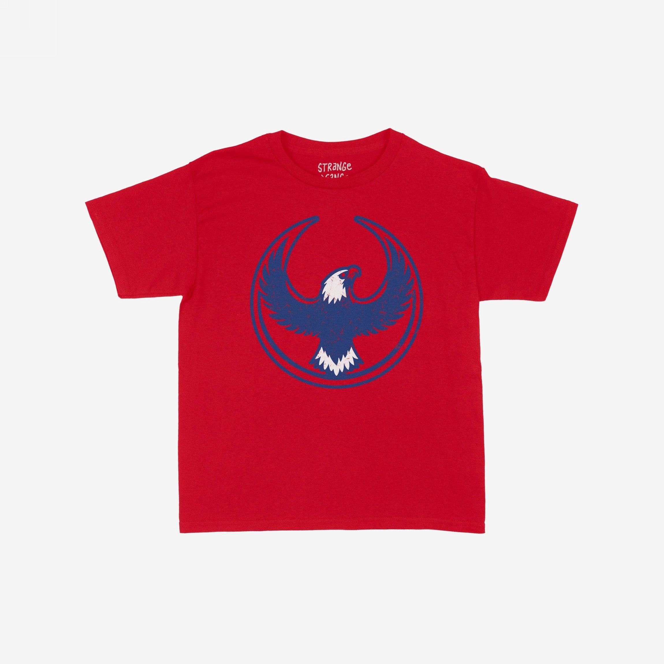Philly Rebel Alliance Women's Baby Tee featuring a stylized eagle emblem, representing resistance and equality, on a plain red short-sleeve shirt, embodying activism and anti-fascist values.