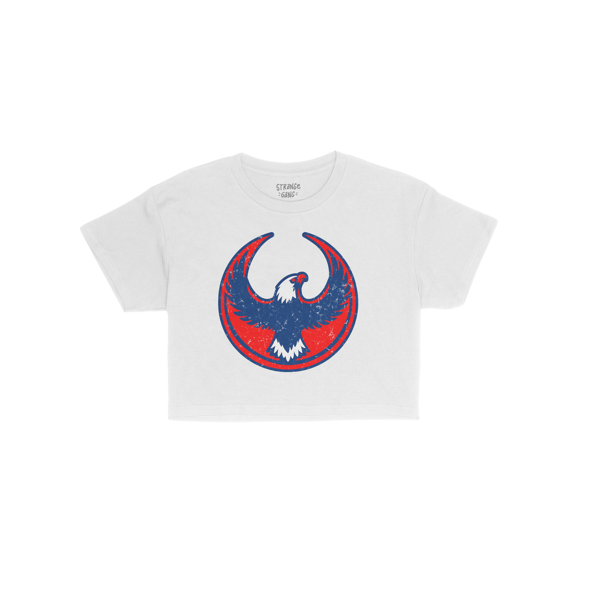 Philly Rebel Alliance Women's Baby Tee features a distressed eagle emblem in red and blue, symbolizing protest for immigrant 