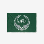 Philly Rebel Alliance Flag featuring a stylized white-headed eagle with raised wings in a circular form, symbolizing anti-fascist protest and immigrant rights. Two metal grommets for hanging.