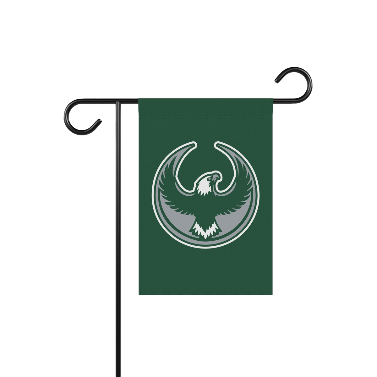 Philly Rebel Alliance Garden Flag on a black metal stand, featuring a bold eagle emblem with arched wings, symbolizing resist