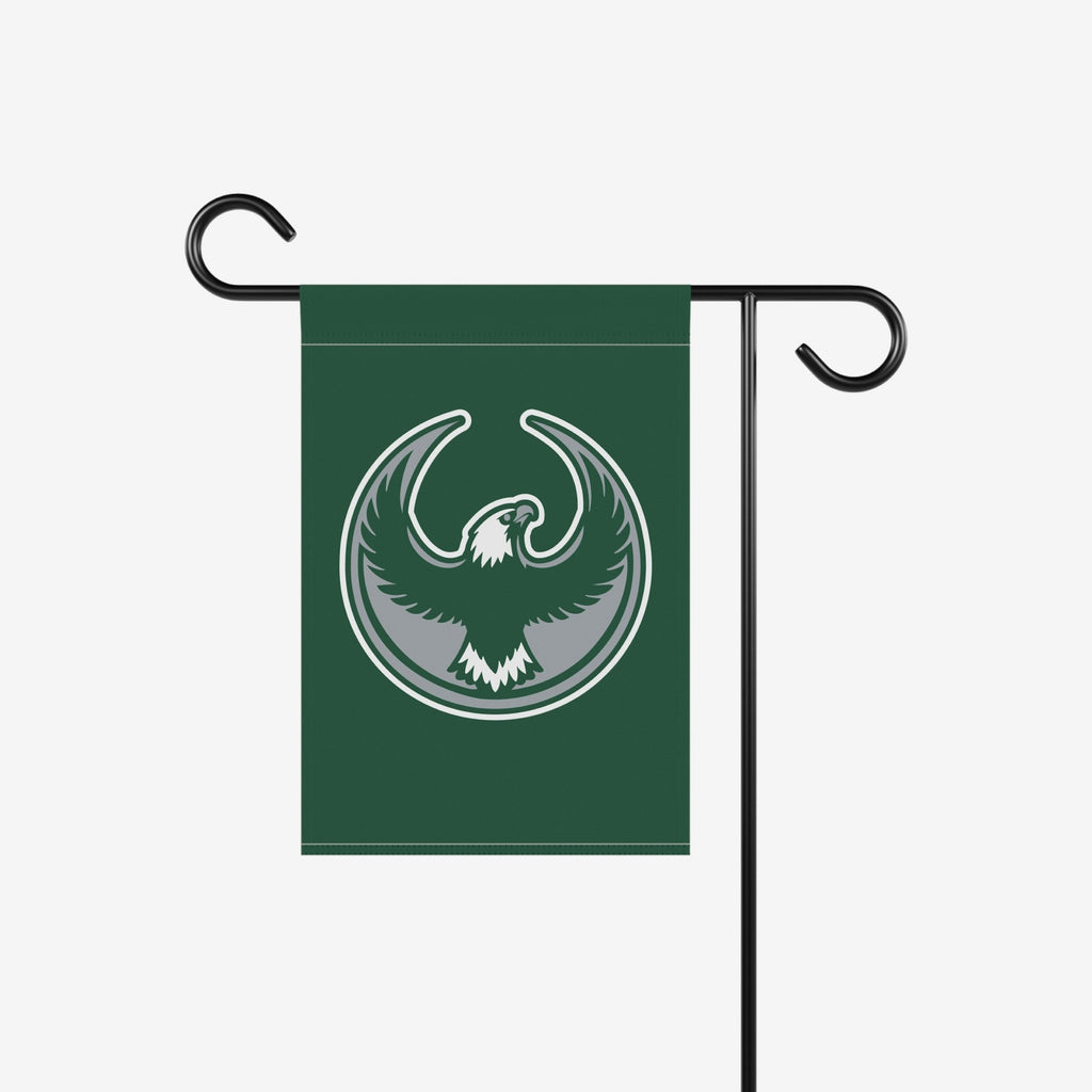 Philly Rebel Alliance Garden Flag on a black metal stand, featuring a stylized eagle emblem with outspread wings, symbolizing resistance and support for immigrant rights. Ideal for porches and protest-ready yards.