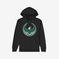 Philly Rebel Alliance Hoodie featuring a bold eagle emblem inside a ring, symbolizing anti-fascist resistance. The black pullover includes a kangaroo pocket and drawstring hood, ideal for city weather.