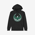Philly Rebel Alliance Hoodie featuring a bold eagle emblem inside a ring, symbolizing anti-fascist resistance. The black pullover includes a kangaroo pocket and drawstring hood, ideal for city weather.