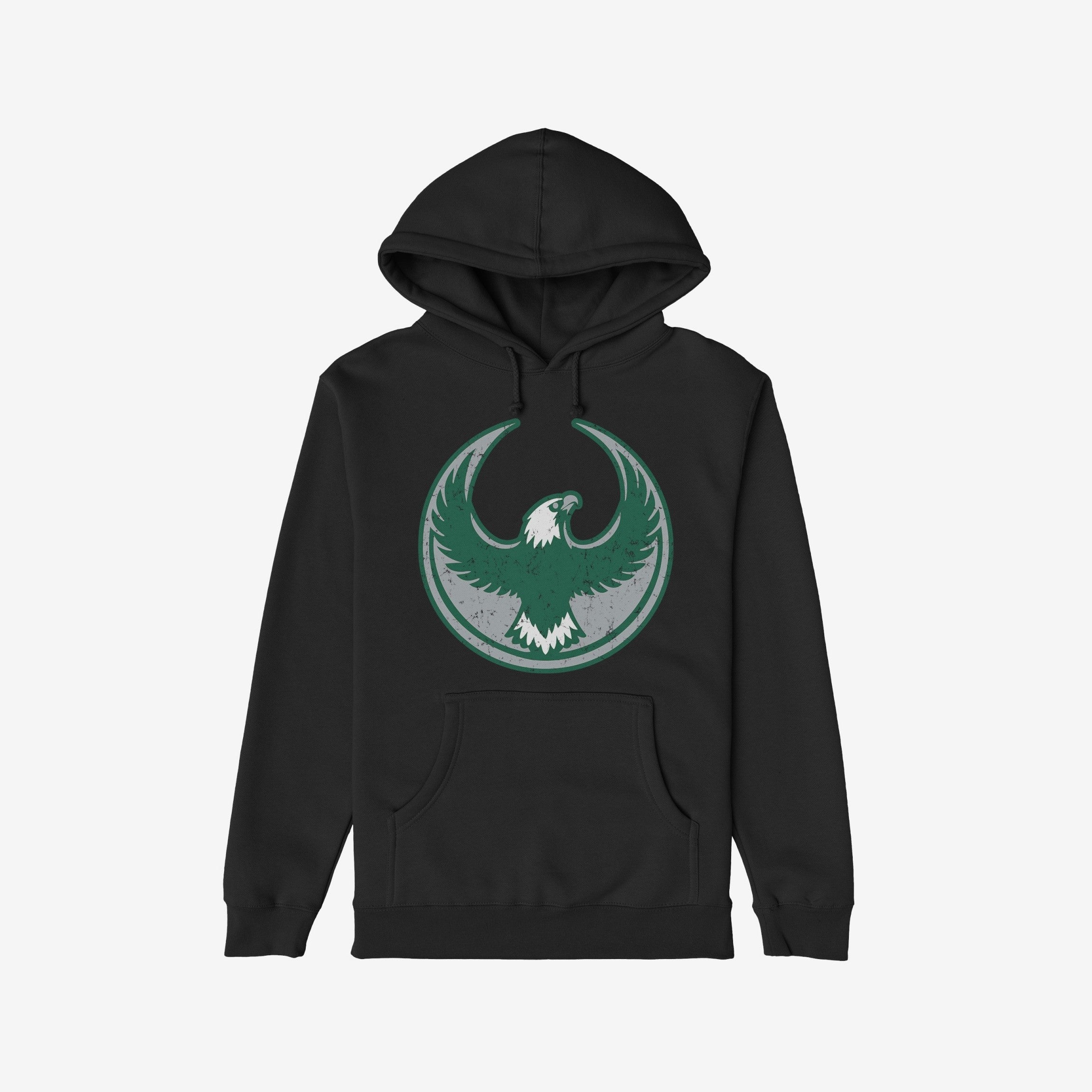 Philly Rebel Alliance Hoodie featuring a bold eagle emblem inside a ring, symbolizing anti-fascist resistance. The black pullover includes a kangaroo pocket and drawstring hood, ideal for city weather.