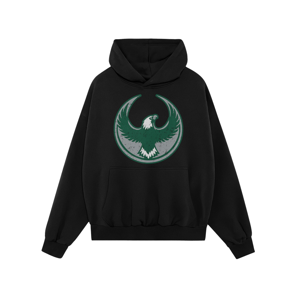 Philly Rebel Alliance Hoodie featuring a bold eagle emblem inside a ring, symbolizing anti-fascist resistance. The black pull
