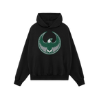 Philly Rebel Alliance Hoodie featuring a bold eagle emblem inside a ring, symbolizing anti-fascist resistance. The black pull