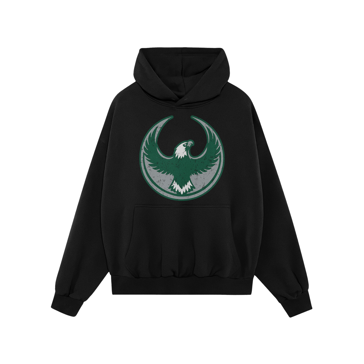 Philly Rebel Alliance Hoodie featuring a bold eagle emblem inside a ring, symbolizing anti-fascist resistance. The black pull