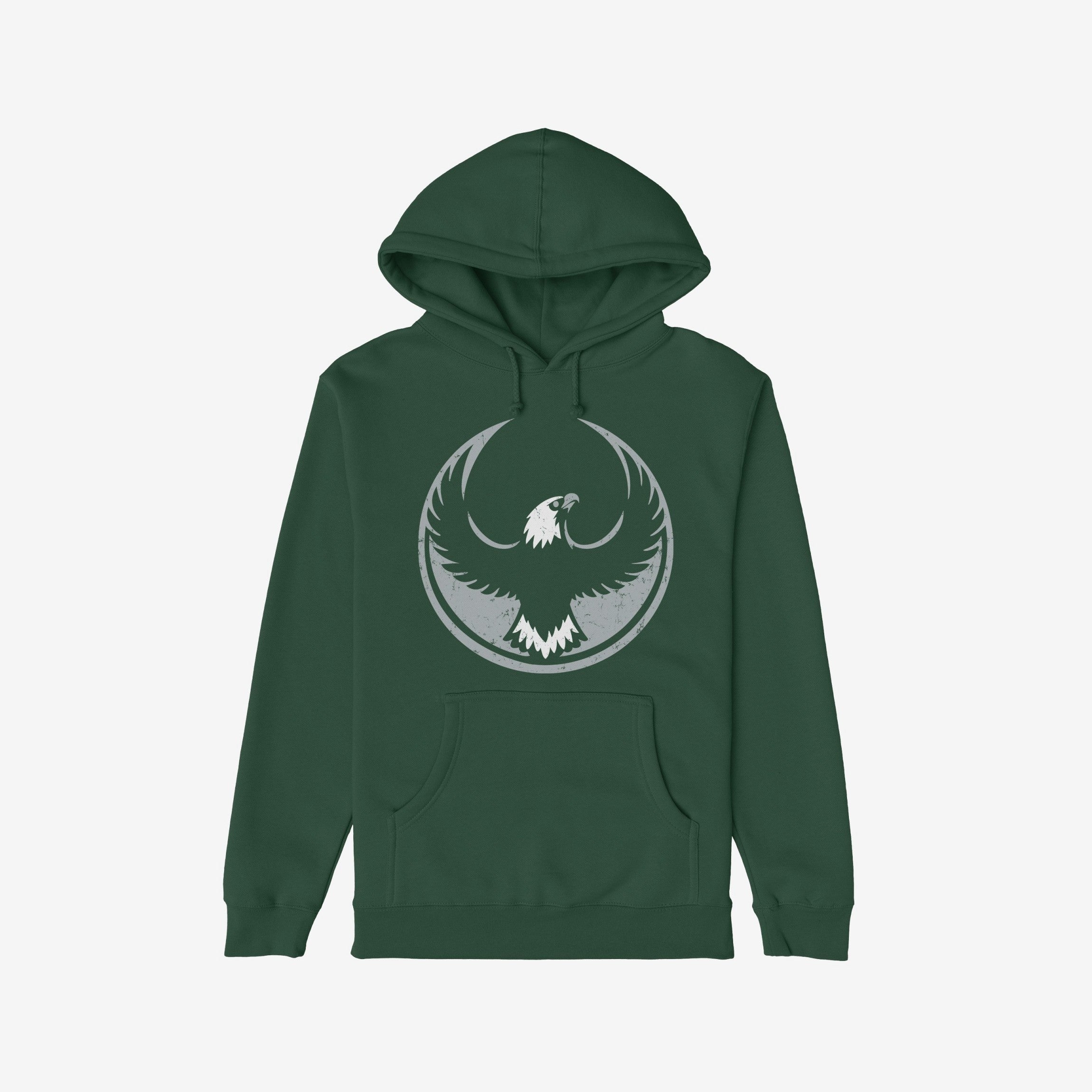 Philly Rebel Alliance Hoodie in forest-green, featuring a large light grey-white eagle emblem on the chest. Designed for anti-fascist protest, supporting immigrant rights and equality with a kangaroo pocket.