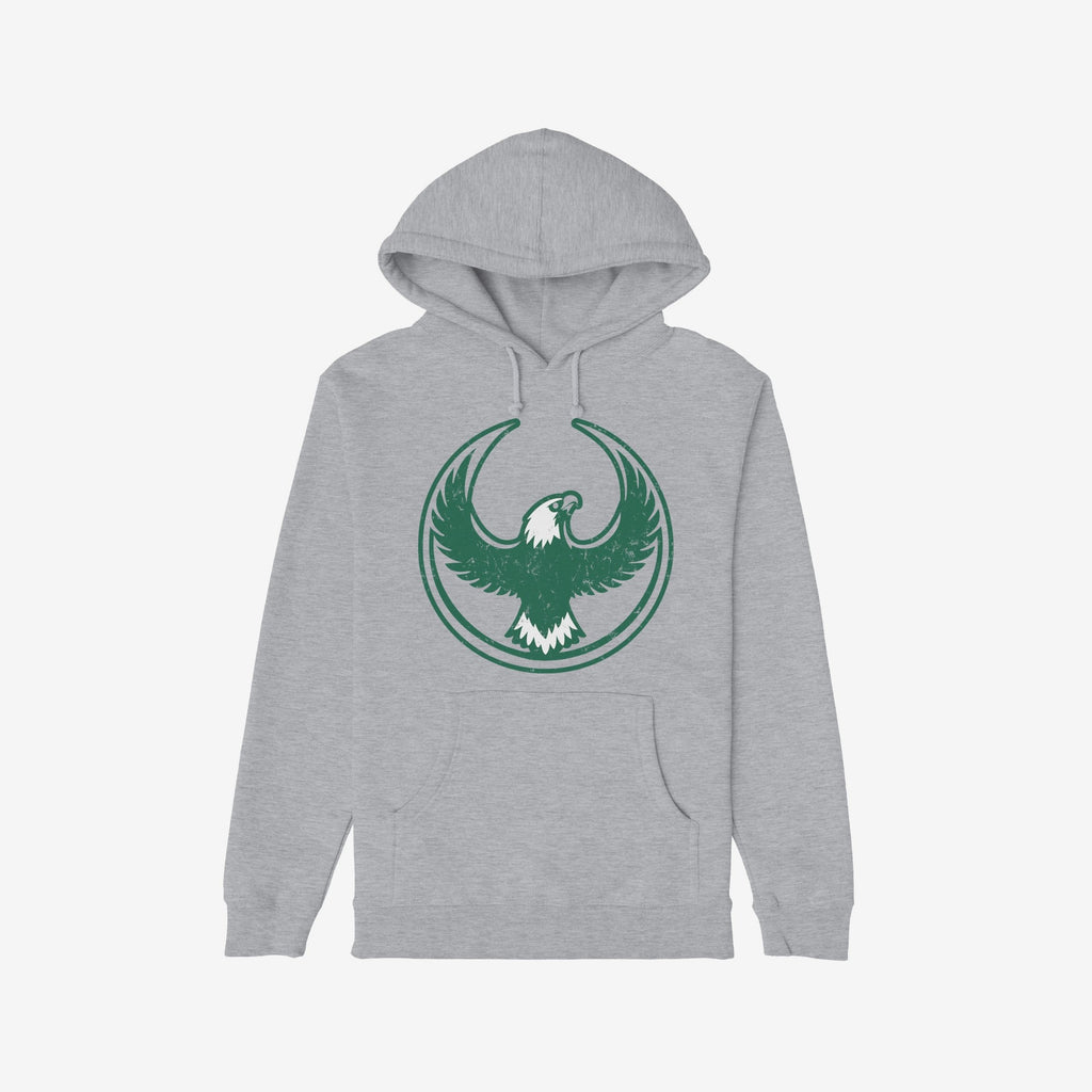 Philly Rebel Alliance Hoodie features a light-grey pullover design with a front kangaroo pocket and drawcord hood, showcasing a bold green eagle emblem on the chest, symbolizing anti-fascist and immigrant support.