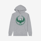 Philly Rebel Alliance Hoodie features a light-grey pullover design with a front kangaroo pocket and drawcord hood, showcasing a bold green eagle emblem on the chest, symbolizing anti-fascist and immigrant support.