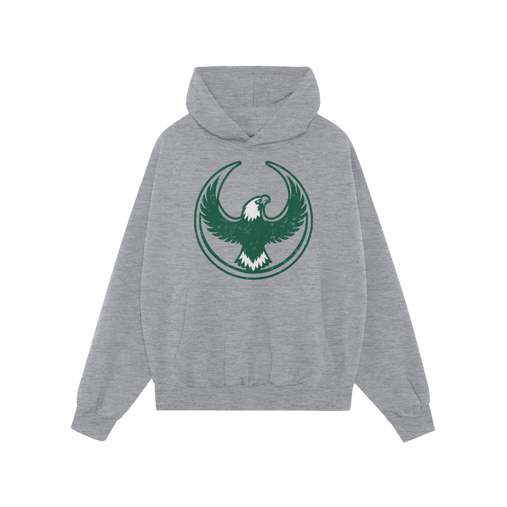 Philly Rebel Alliance Hoodie features a light-grey pullover design with a front kangaroo pocket and drawcord hood, showcasing