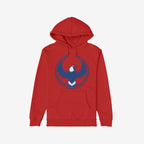 Philly Rebel Alliance Hoodie featuring a red design with a bold eagle emblem on the chest, symbolizing resistance and equality. Includes a kangaroo pocket and drawstrings for urban comfort and style.