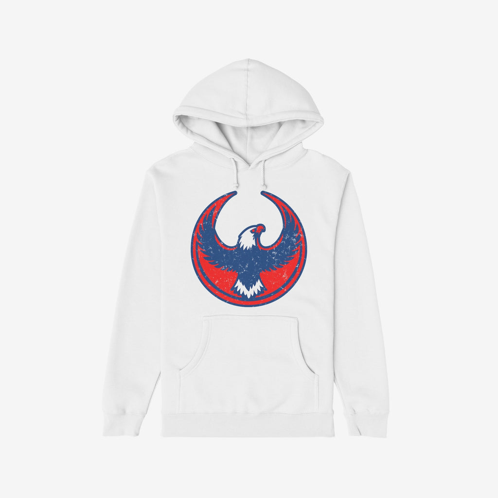 Philly Rebel Alliance Hoodie featuring a large, circular emblem with a stylized eagle in navy and red, symbolizing resistance and equality. Ideal for layering, with a kangaroo pocket and drawstring hood.